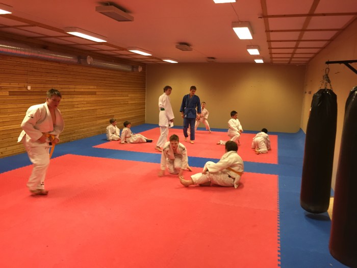 Guttene trener i litjsalen.